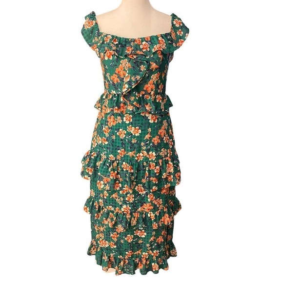 Tularosa Kelly Green Floral Ruffle Gingham Tiered Back Zip Lily Dress Women S - Picture 2 of 10